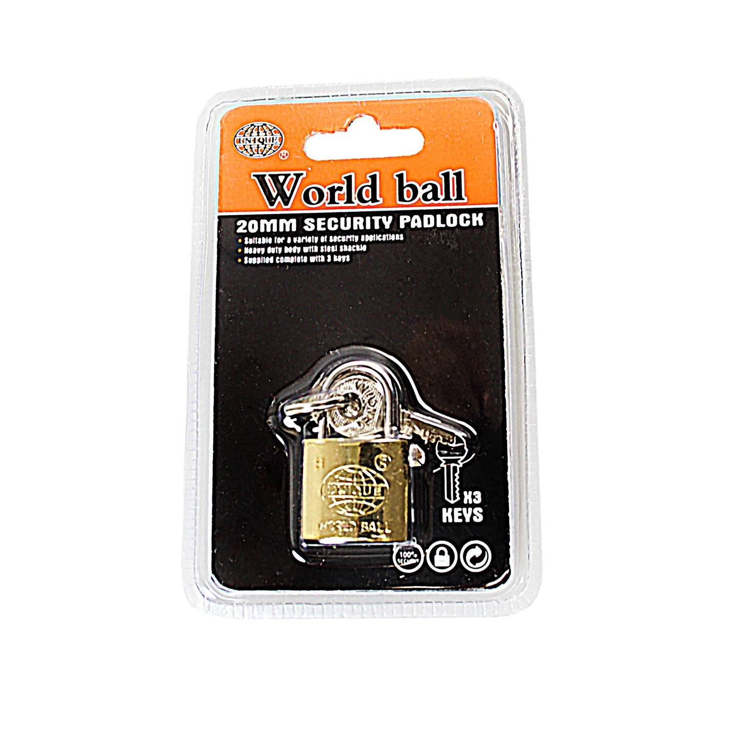 New Security World Ball Unique Padlock 20mm With 3 Keys 0242 A (Parcel Rate)