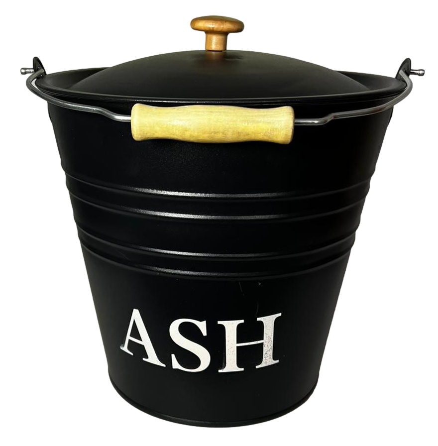 Black Fireside Metal Ash Bucket With Lid And Handle 10L Large Log Holder 1013 (Parcel Rate)p