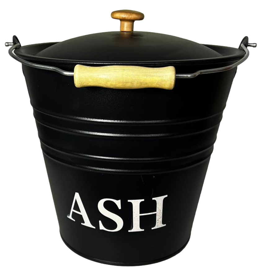 Black Fireside Metal Ash Bucket With Lid And Handle 10L Large Log Holder 1013 (Parcel Rate)p