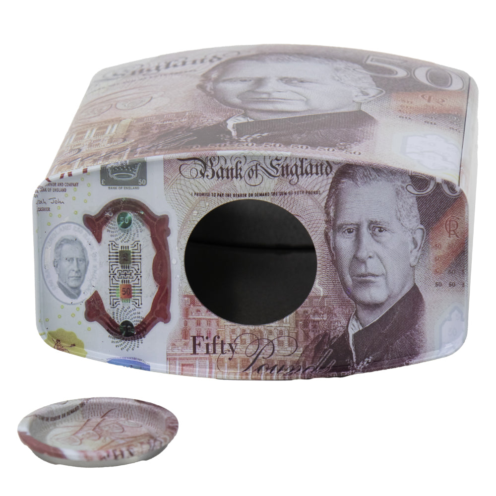 King Charles Pound Note Coin Money Tin Box Padlock Shape with Handle 16.5 x 9.5 x 26.5cm Assorted Designs 11890 (Parcel Rate)