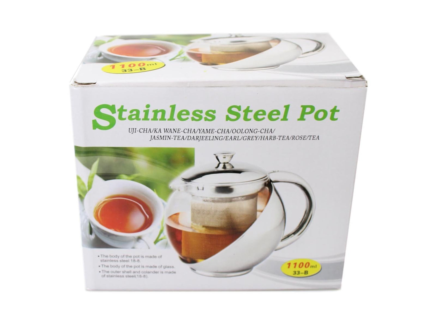 Stainless Steel and Glass Teapot with Mesh Strainer Filter 1100ml 2349 (Parcel Rate)