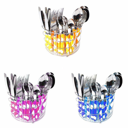 Stainless Steel Cutlery Set with Metal Holder Rack Set of 24 Assorted Colours 4185 (Parcel Rate)