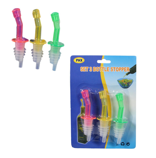 Plastic Oil Vinegar Wine Bottle Stopper Pourer Spout 10cm Pack of 3 Assorted Colours 5604 (Parcel Rate)