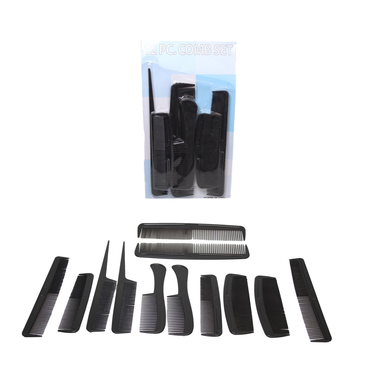 Black Plastic Hairdresser Barber Salon Comb Set of 12 Assorted Combs 6017 (Large Letter Rate)