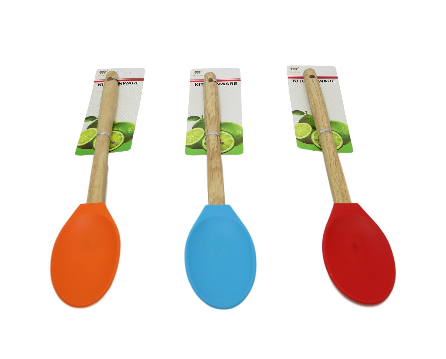 Kitchen Silicone Spoon Wooden Handle 32 cm Assorted Colours D6065 (Large Letter Rate)