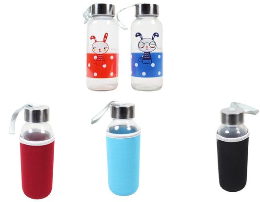 Glass Water Bottle with Cover 18 x 4 cm Assorted Colours Covers 6264 (Parcel Plus Rate)