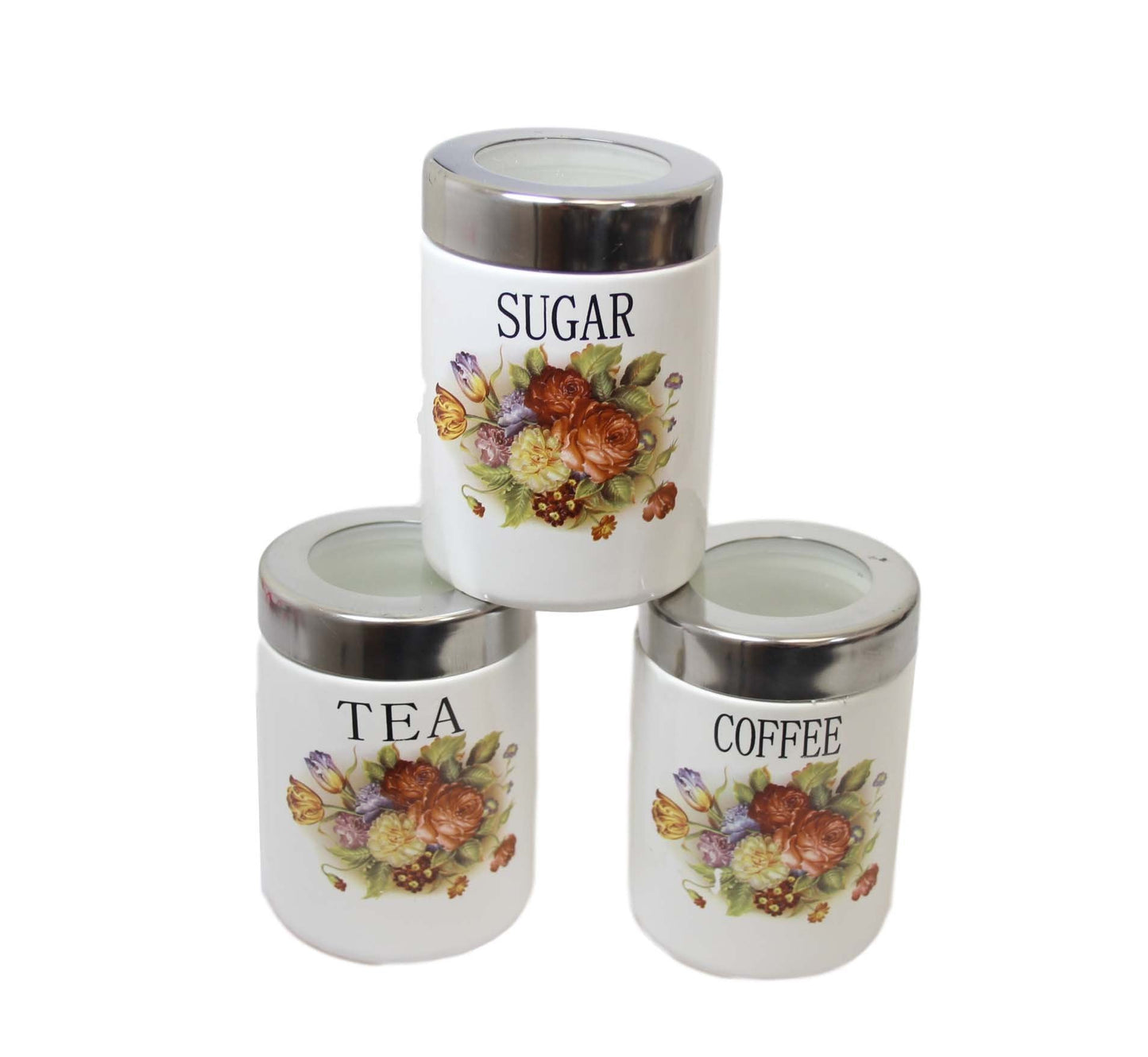 Kitchen Sugar Tea Coffee Storage Cannisters Jars with Floral Print 11 x 8 cm Set of 3 440 (Parcel Rate)