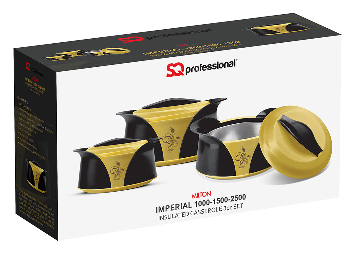 Imperial Insulated Casserole Set 3pcs 1.0 / 1.5 / 2.5 Litre Black Yellow Gold 8892 (Big Parcel Rate)