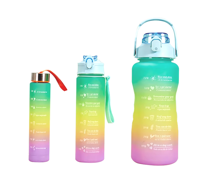 Plastic Water Drinking Bottle with Ombre Design 2000 / 900 / 300ml Set of 3 Assorted Colours 7359 A (Parcel Rate)