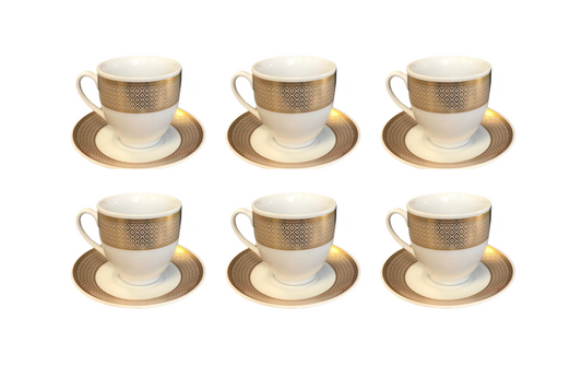 Coffee Tea Cup Set with Saucers Set of 12 Gold / White Assorted Designs 7518 (Parcel Plus  Rate)