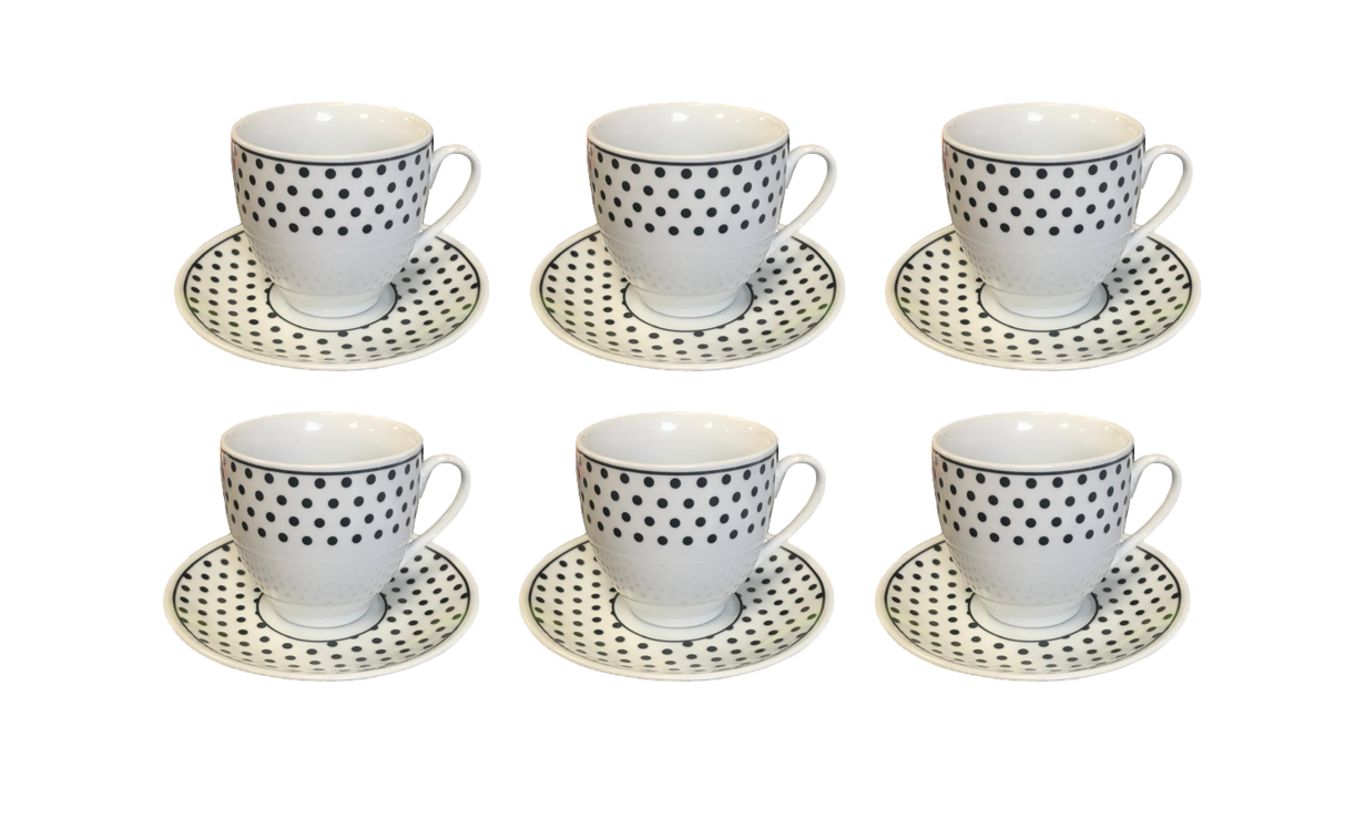 Coffee Tea Cup Mug Set with Saucers Set of 12 Black / White Assorted Designs 7526 (Parcel Plus Rate)