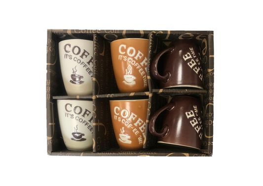 Coffee Tea Cup Mug Set of 6 Coffee Design Assorted Colours 7527 (Parcel Plus Rate)