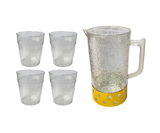 Transparent Plastic Textured Water Juice Pitcher Jug with 4 Cups Assorted Colours 7788 (Parcel Rate)