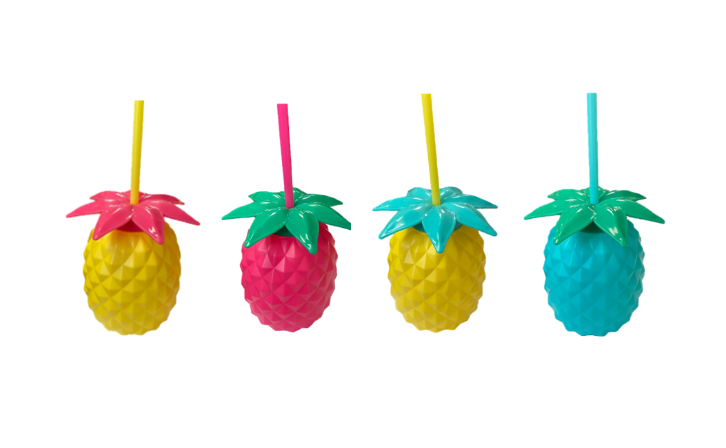 Plastic Pineapple Shaped Cocktail Drinking Glass Cup with Lid and Straw 14 cm Assorted Colours 7818 (Parcel Rate)