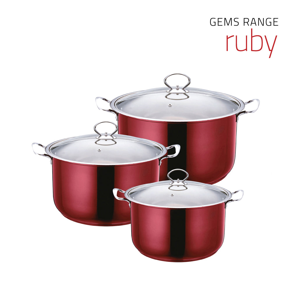 SQ Professional Gems Metallic Stockpot Set of 3 Ruby 26-28-30cm 9576 (Big Parcel Rate)