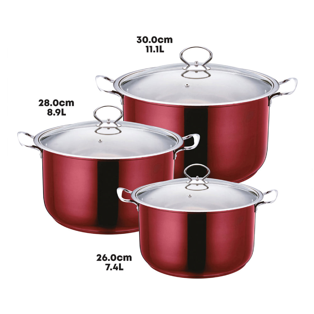 SQ Professional Gems Metallic Stockpot Set of 3 Ruby 26-28-30cm 9576 (Big Parcel Rate)