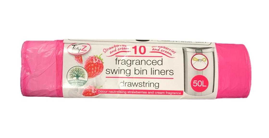 Strawberry and Cream Fragranced Drawstring Pedal Bin Liners with Drawstring 50L 76 x 124 cm Roll of 10 B0037 (Parcel Rate)