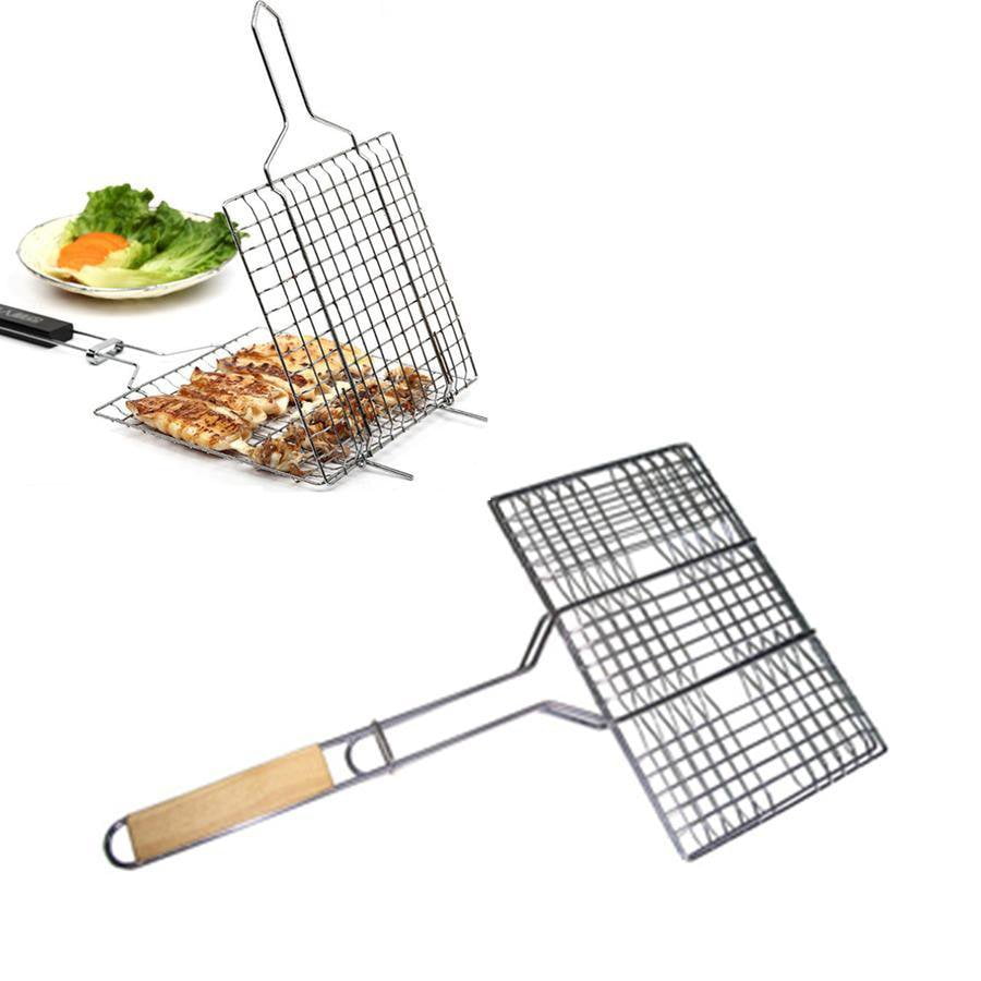 Metal Meat Fish Roasting BBQ Basket Grill with Wooden Handle 30 x 40 cm 5136 (Parcel Rate)