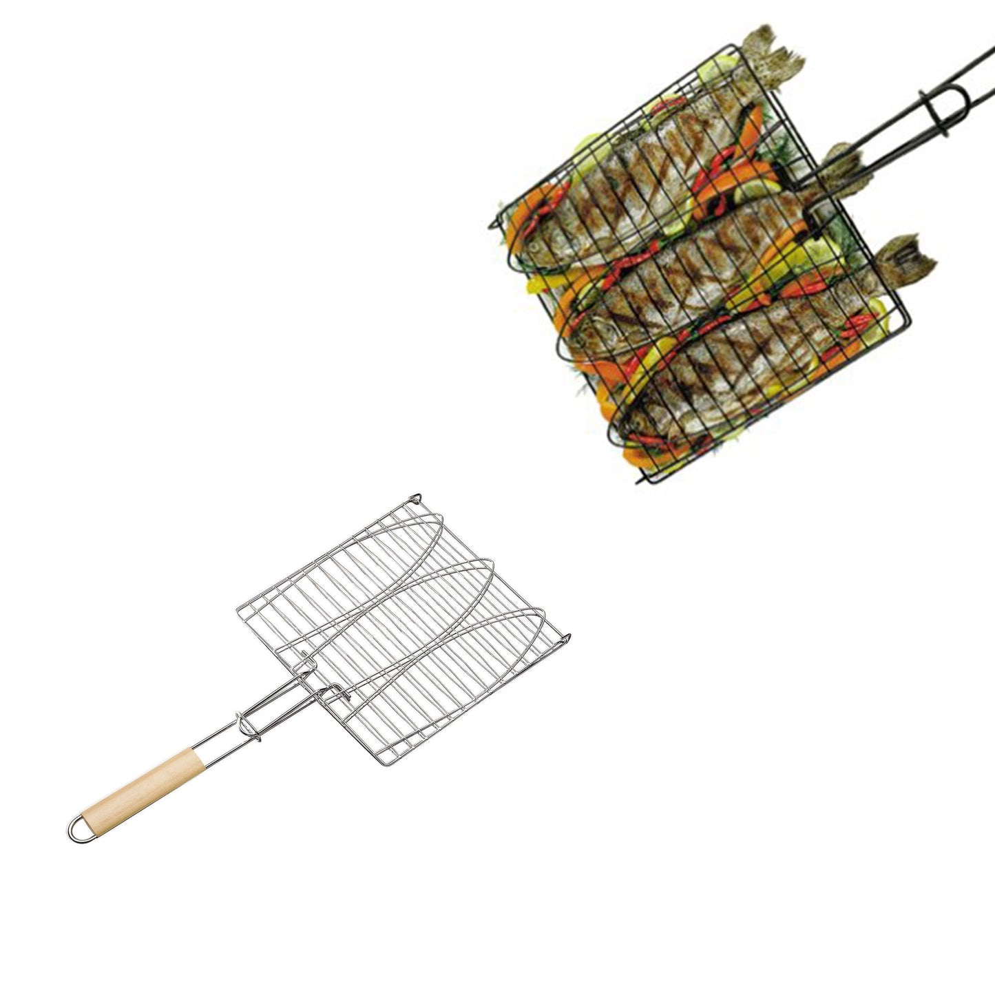 Metal Meat Fish Roasting BBQ Basket Grill with Wooden Handle 38 x 38 cm 4532 / 9998 A (Parcel Rate)