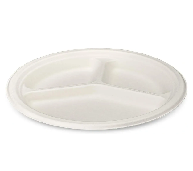 Disposable Compostable Eco-Bio Bagasse Sugarcane 3 Compartment Plates 9" Pack of 25 EC1680 (Parcel Rate)