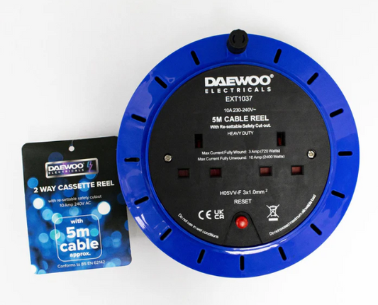 Daewoo 2 Way Gang Extension Lead Cassette Reel 5 Metre EXT1303GE (Parcel Rate)