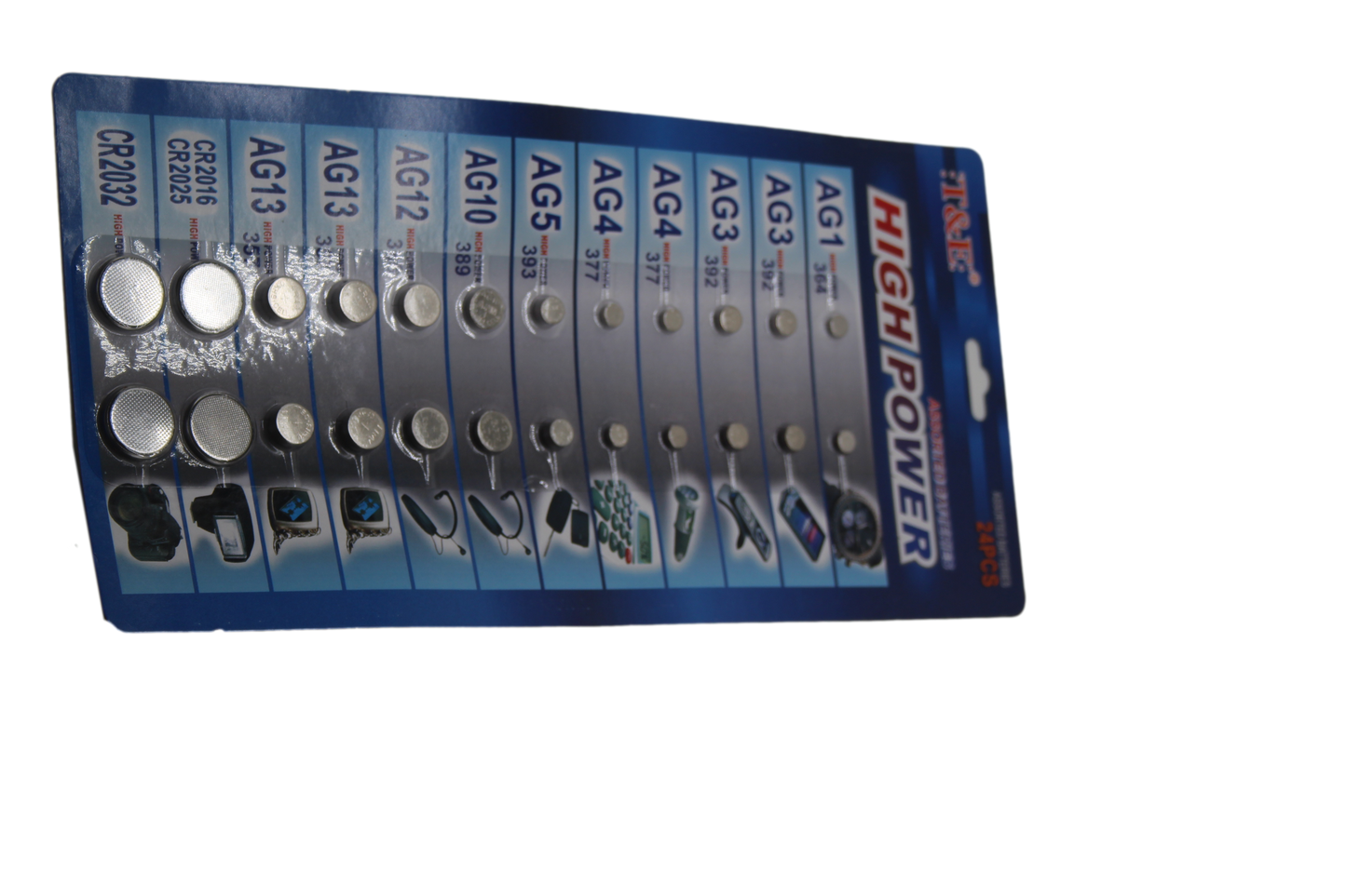 T&E 24 Assorted Flat Button Batteries on 1 Single Card 15 x 30cm 2027 (Parcel Rate)