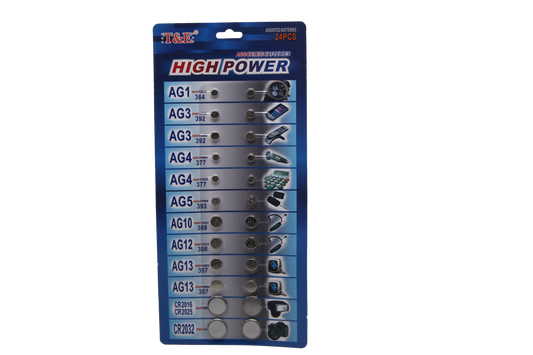 T&E 24 Assorted Flat Button Batteries on 1 Single Card 15 x 30cm 2027 (Parcel Rate)