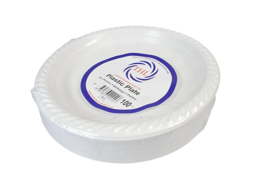 9" White Plastic Plates For Picnics Birthdays Parties Pack of 100  2455 (Parcel Rate)