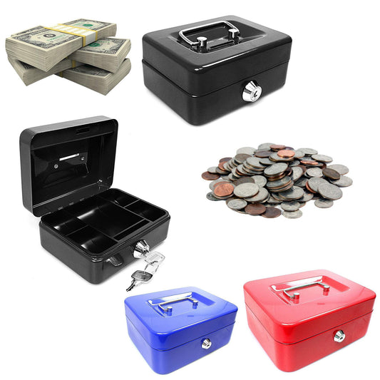 Metal Cash Deposit Money Box with Tray & 2 Keys 6" Assorted Colours 0201 (Parcel Rate)