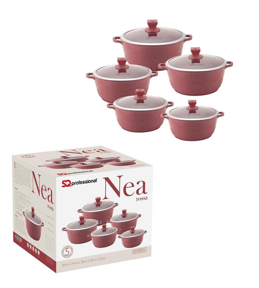 Nea Marbell Diecast Stockpot Set 5 Pack Rossa Red Marble Effect 20-24-28-30-32cm 6759 (Big Parcel Rate)