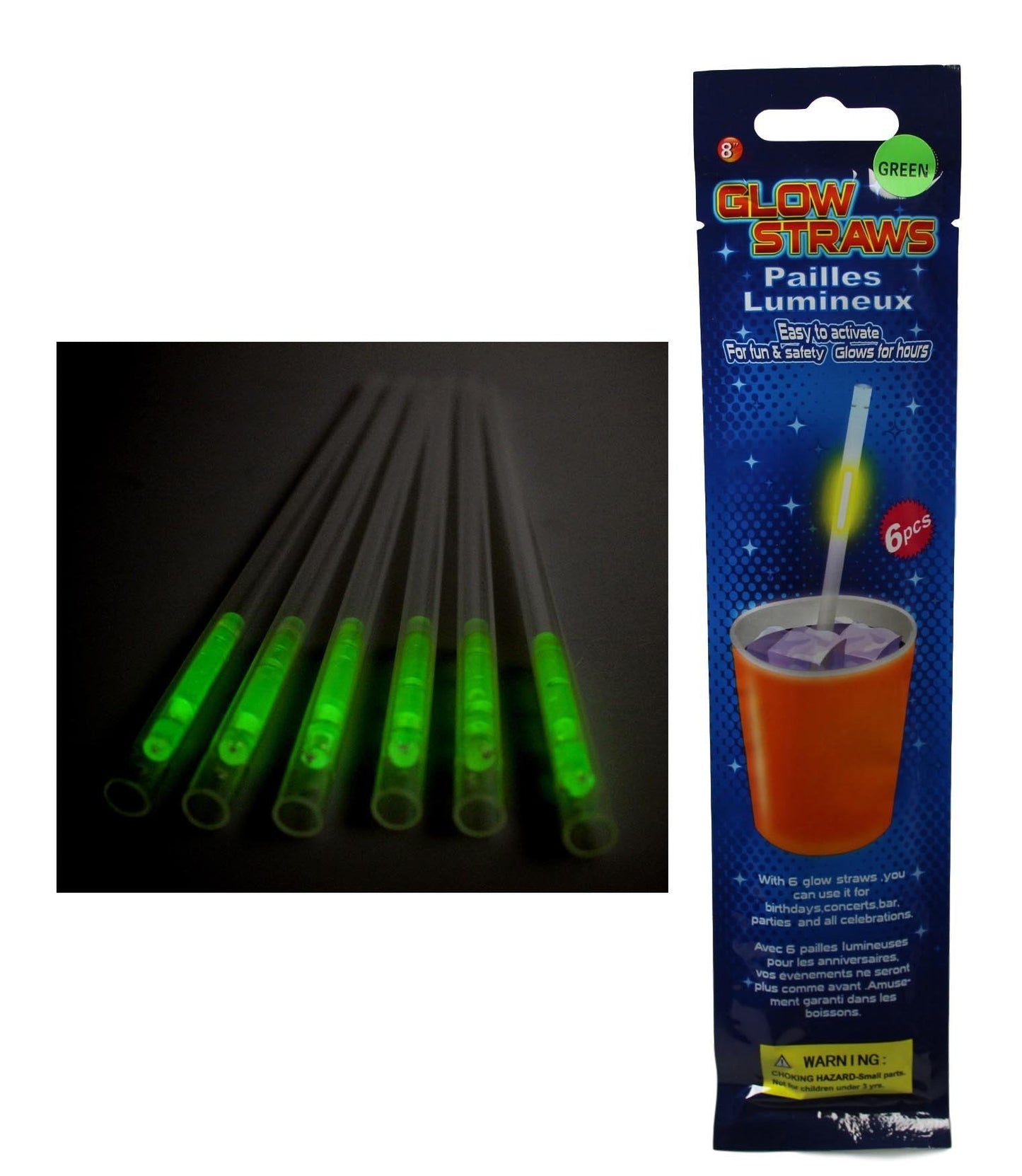 Glow In The Dark Plastic Straws Pack of 6 Assorted Colours 5257 (Parcel Rate)