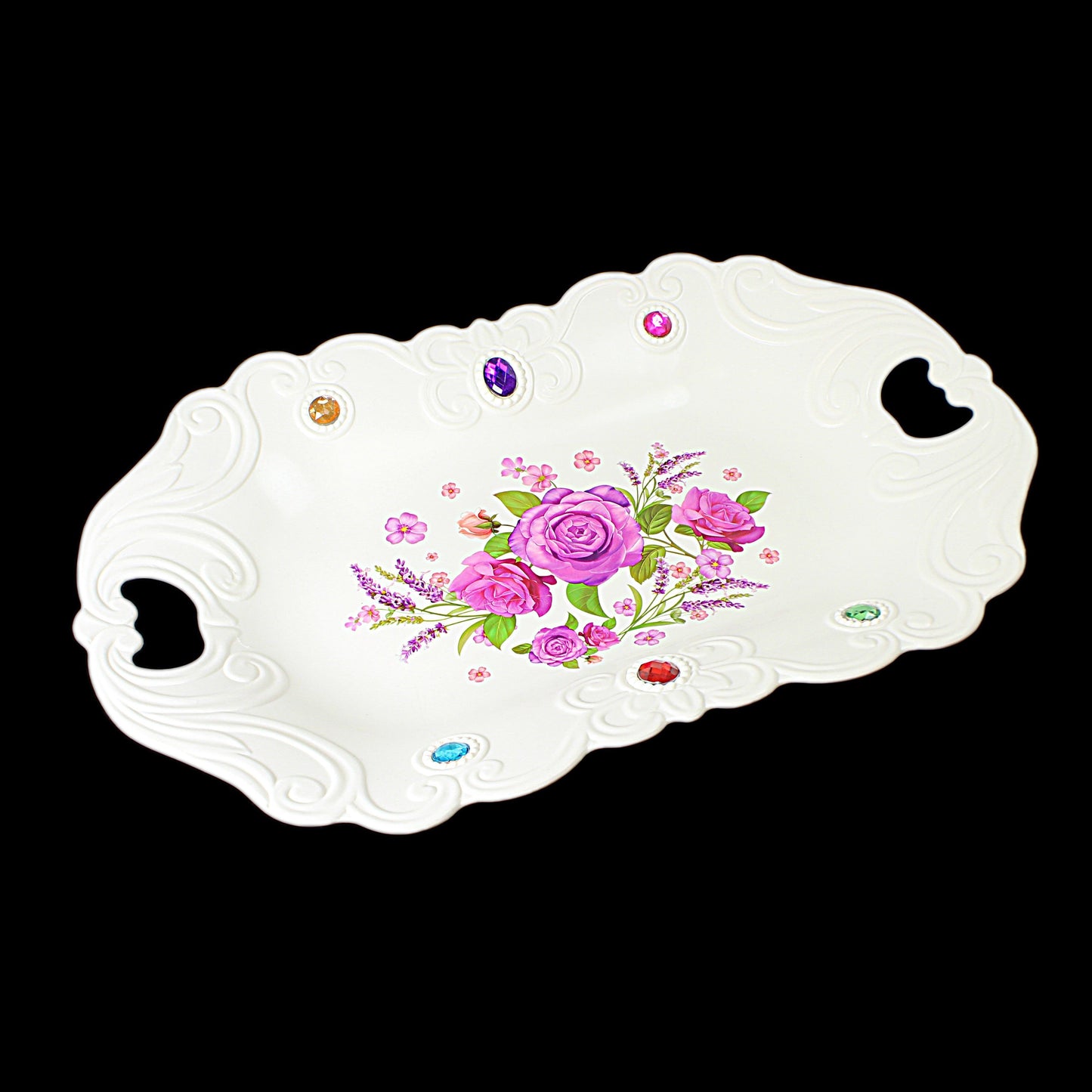 Plastic Jewelled Serving Tray with Handles and Printed Design 35 x 23 cm Assorted Designs 3210 (Parcel Rate)