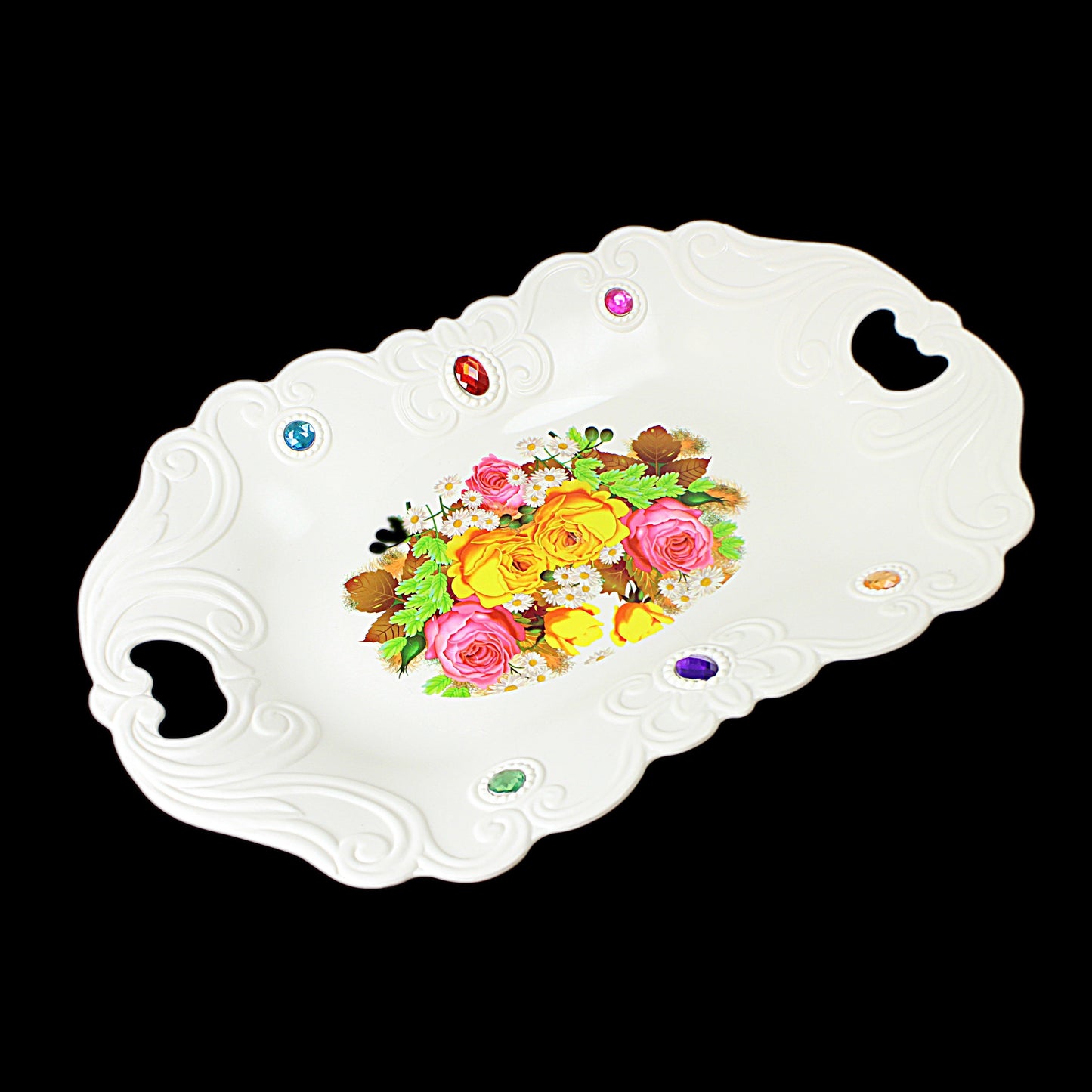 Plastic Jewelled Serving Tray with Handles and Printed Design 35 x 23 cm Assorted Designs 3210 (Parcel Rate)