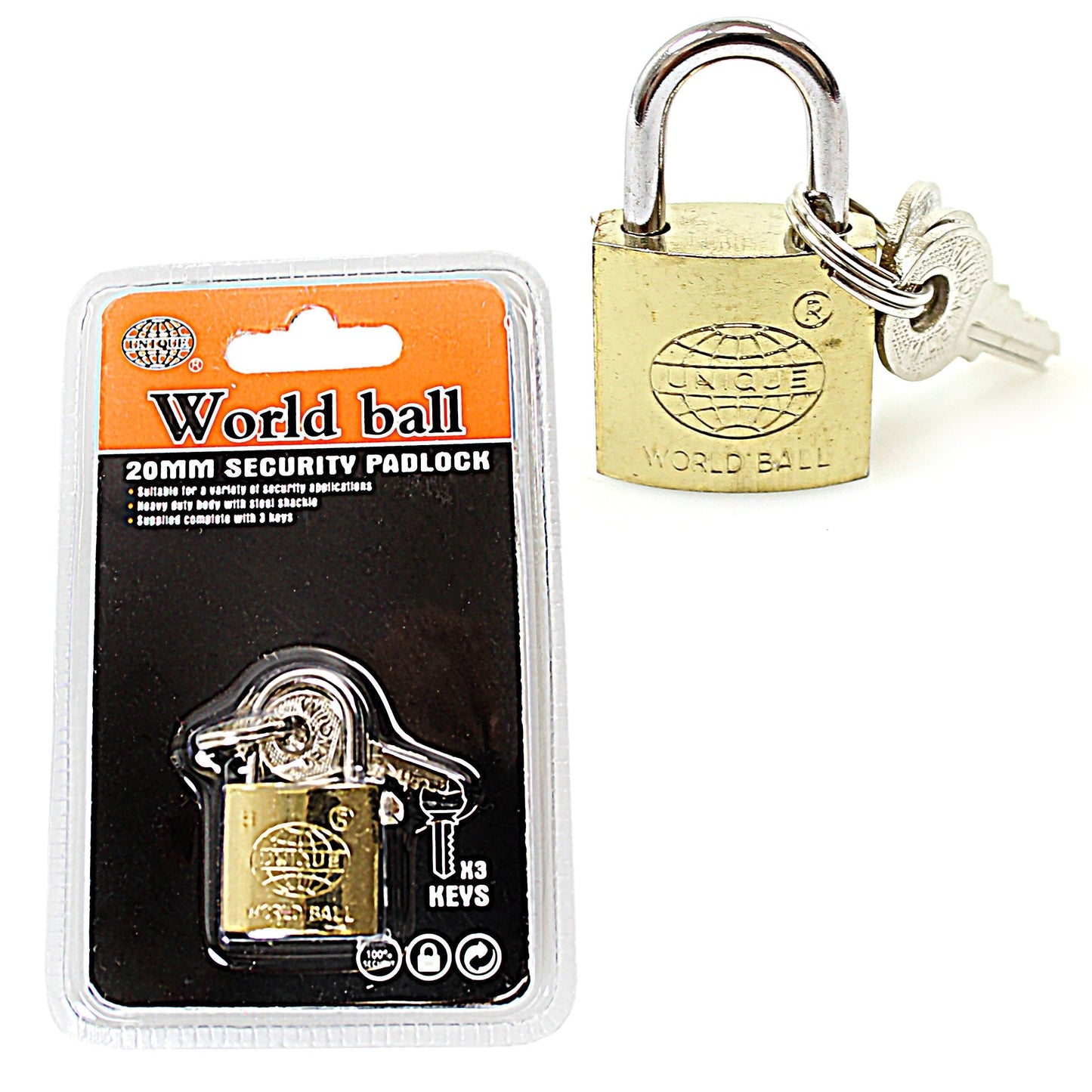 New Security World Ball Unique Padlock 20mm With 3 Keys 0242 A  (Parcel Rate)