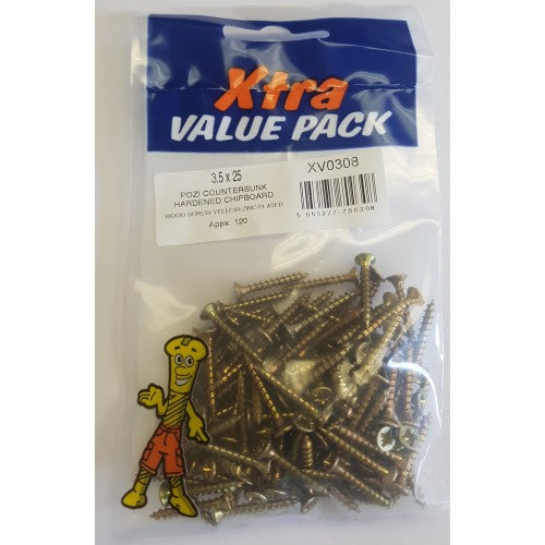 3.5 x 25 Pozi c/sk Chipboard Screws Yellow Diy Xtra Value 0308 (Large Letter Rate)