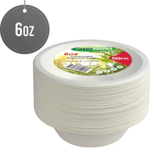 Disposable Compostable Eco-Bio Bagasse Sugarcane Bowls 6oz Pack of 50 ST81426 (Parcel Rate)