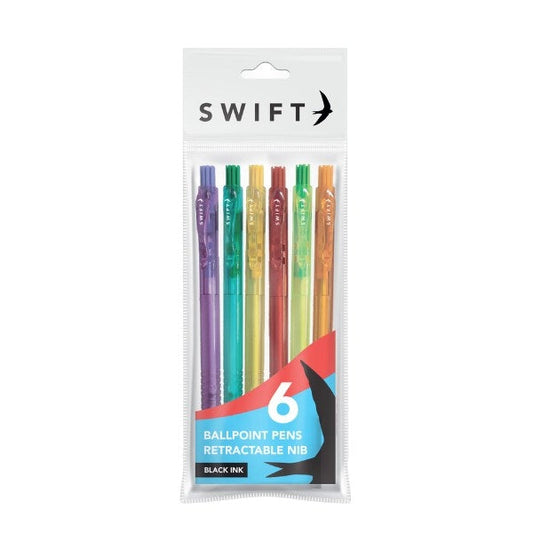 Colourful Retractable Ballpoint Pens 6pk Black Ink P3052 (Parcel Rate)