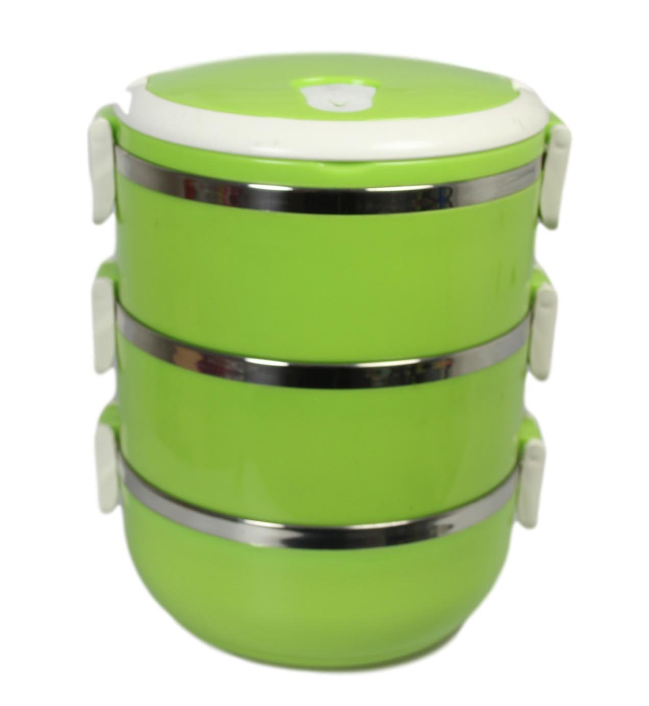 Stainless Steel 3 Storey Hot Pot Seal Lunch Box With Handle Green 20cm x 15cm 5204 (Parcel Rate)P