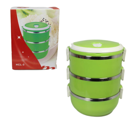 Stainless Steel 3 Storey Hot Pot Seal Lunch Box With Handle Green 20cm x 15cm 5204 (Parcel Rate)P