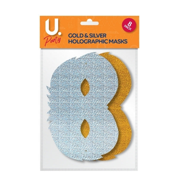 Holographic Paper Party Masks Gold and Silver Pack of 8 P1406 (Large Letter Rate)