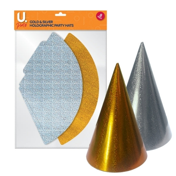 Paper Birthday Party Hats Gold and Silver Pack of 8 P1407 (Large Letter Rate)