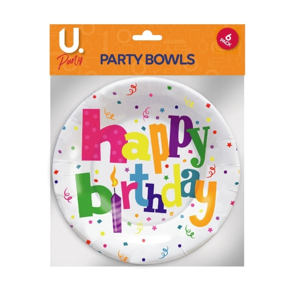 Disposable Paper Happy Birthday Party Bowls 6.5" Pack of 6 P2707 (Parcel Rate)