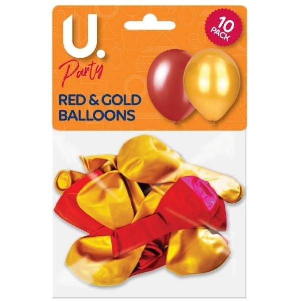 Red & Gold Metallic Balloons Party Birthday 10pk P2716 (Large Letter Rate)