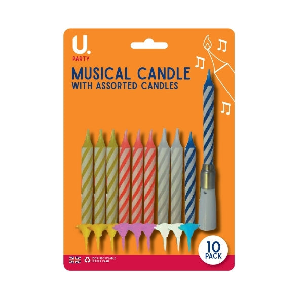 Birthday Musical Cake Candles with Holders Pack of 10 Assorted Colours P2756 (Parcel Rate)