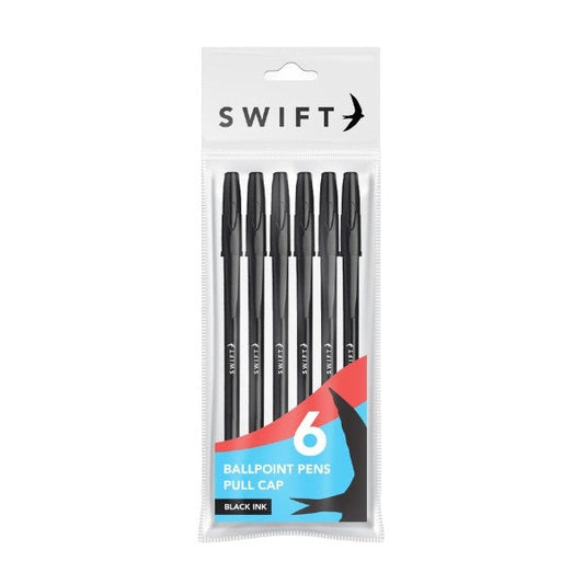 Pull Cap Ballpoint Pens 6pk Black Ink P3053 (Parcel Rate)