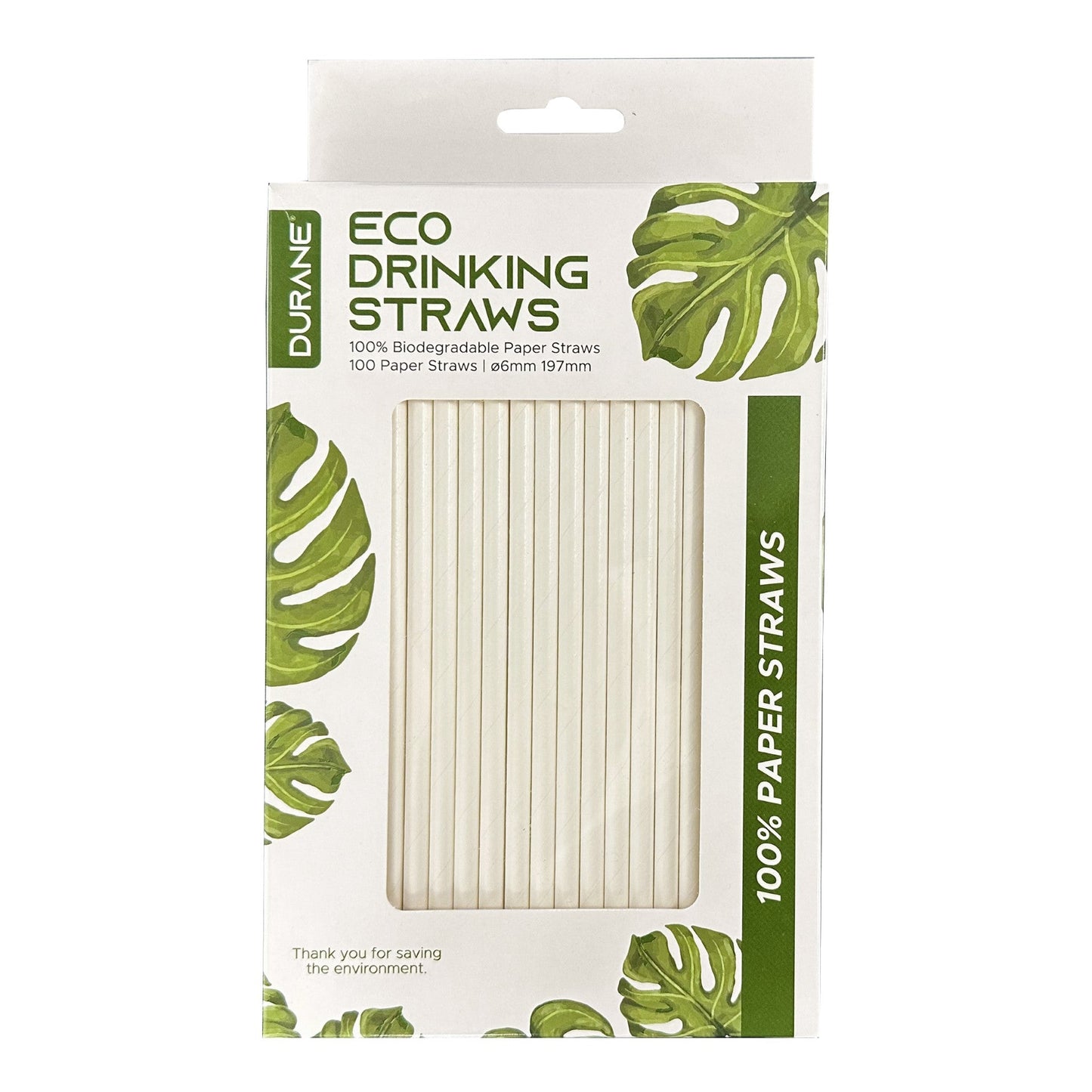 Durane Eco Paper Drinking Straws 6 x 197 mm Pack of 100 White 10811 (Parcel Rate)