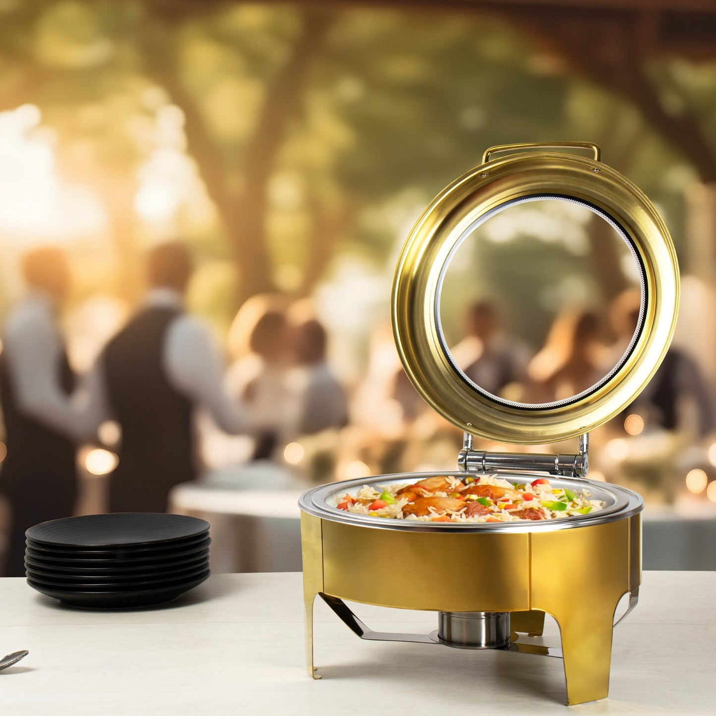 SQ Professional Banquet Chafing Dish with Flat Top and Window Round Gold 6.5L 10849 (Big Parcel)