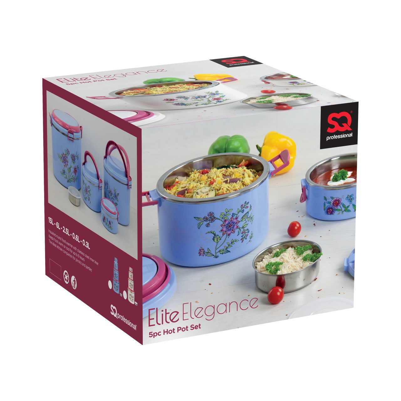 SQ Elite Elegance Insulated Hot Pot Set 5pc Blue 0.3-0.6-2.5-6-15L 2322 (Big Parcel Rate)