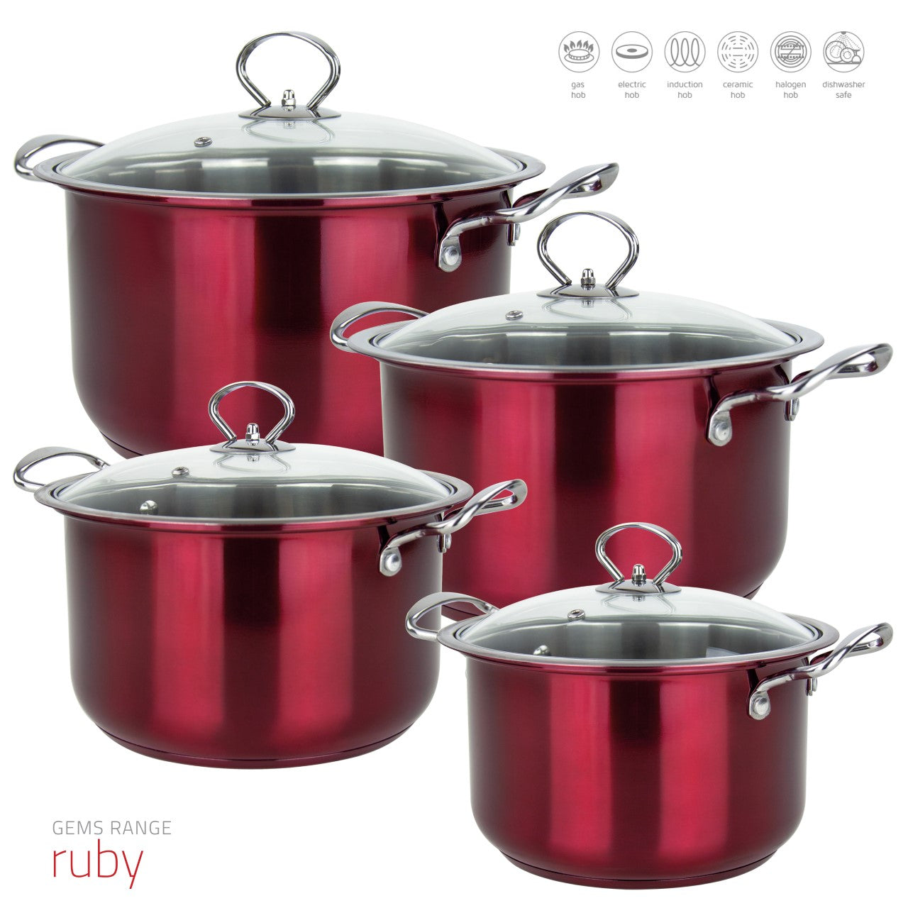 SQ Professional Gems Stainless Steel Stockpot Set of 4 Ruby 18-20-22-24cm 9577  (Big Parcel)